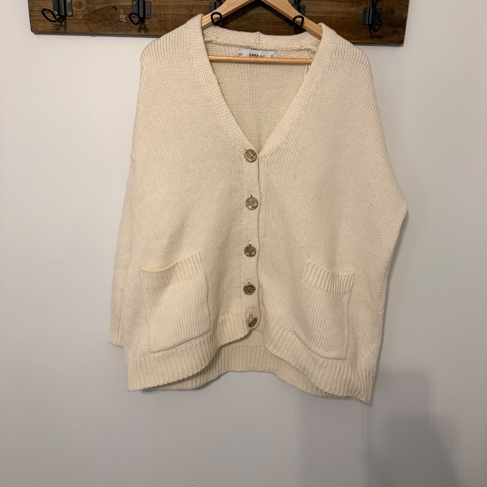 Zara Knit Cream Oversized Cardigan Wool Blend Coin Button Cottagecore Small